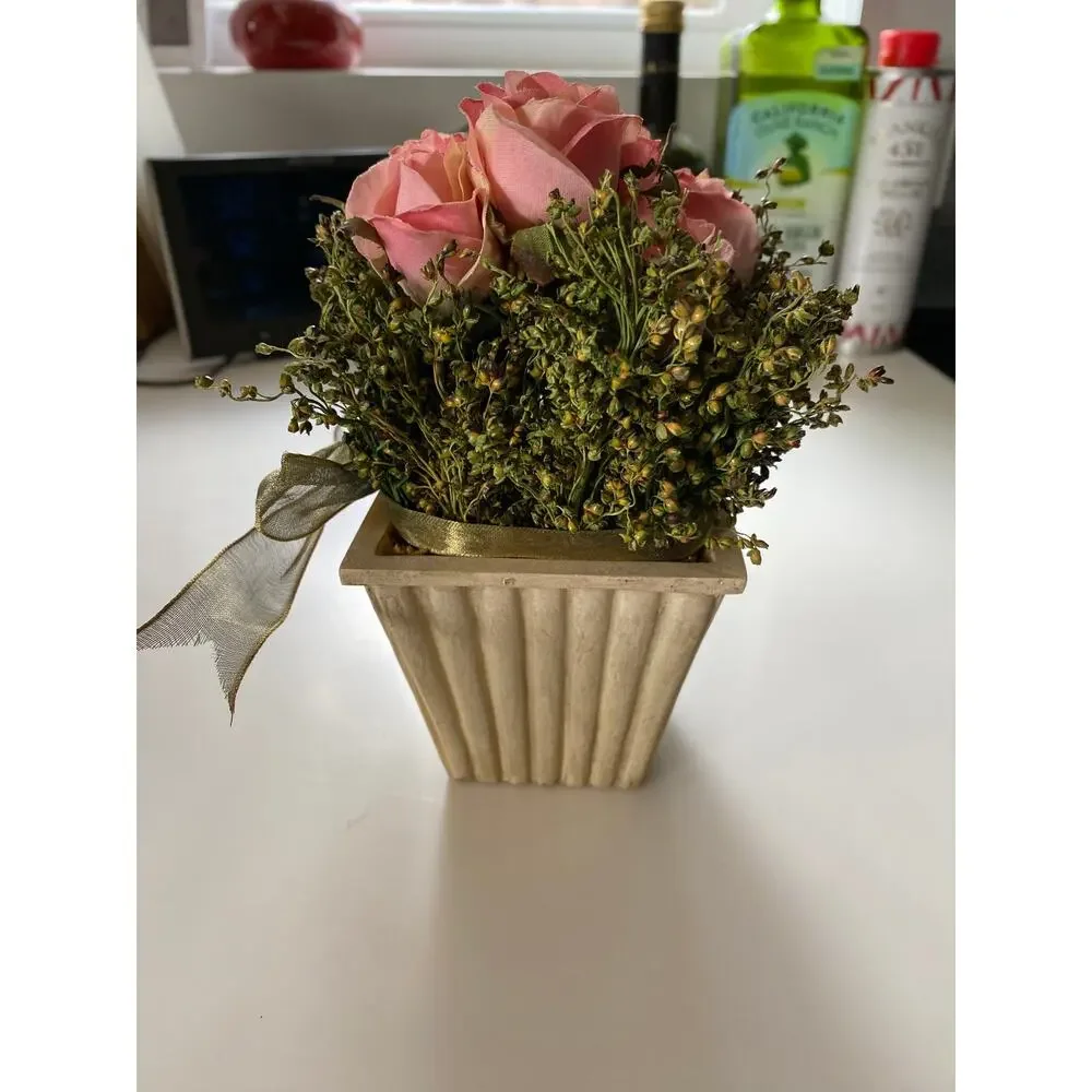 Petite Urn with 9 Pink Mini Rose Fabric‎ Flowers & Greenery Organza Ribbon